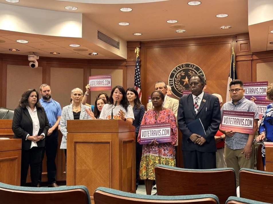 Selena speaking at a voter-access press conference